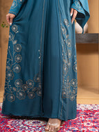 Zafra Fabric Embroidery & Stonework Kimono Abaya with Attached Inner & Matching Hijab - Elegant Luxury Collection