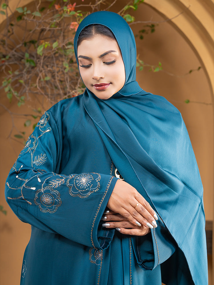 Zafra Fabric Embroidery & Stonework Kimono Abaya with Attached Inner & Matching Hijab - Elegant Luxury Collection