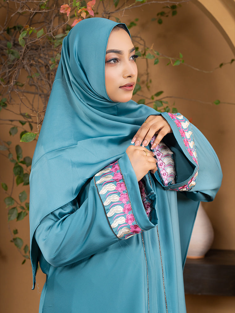 Premium Jaffran Fabric Embroidery & Stone Work Abaya with Full Cover Hijab