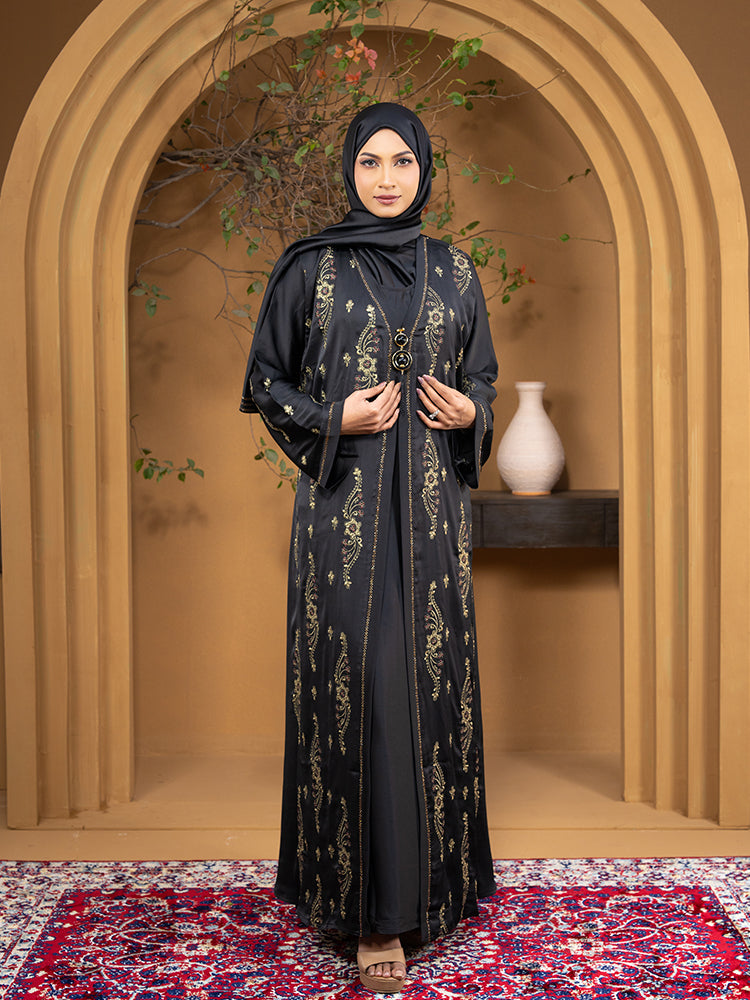 Premium Jafran Fabric Embroidery Ari Work & Stonework Double Part Abaya with Attached Inner & Full Coverage Hijab