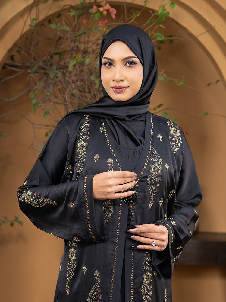 Premium Jafran Fabric Embroidery Ari Work & Stonework Double Part Abaya with Attached Inner & Full Coverage Hijab
