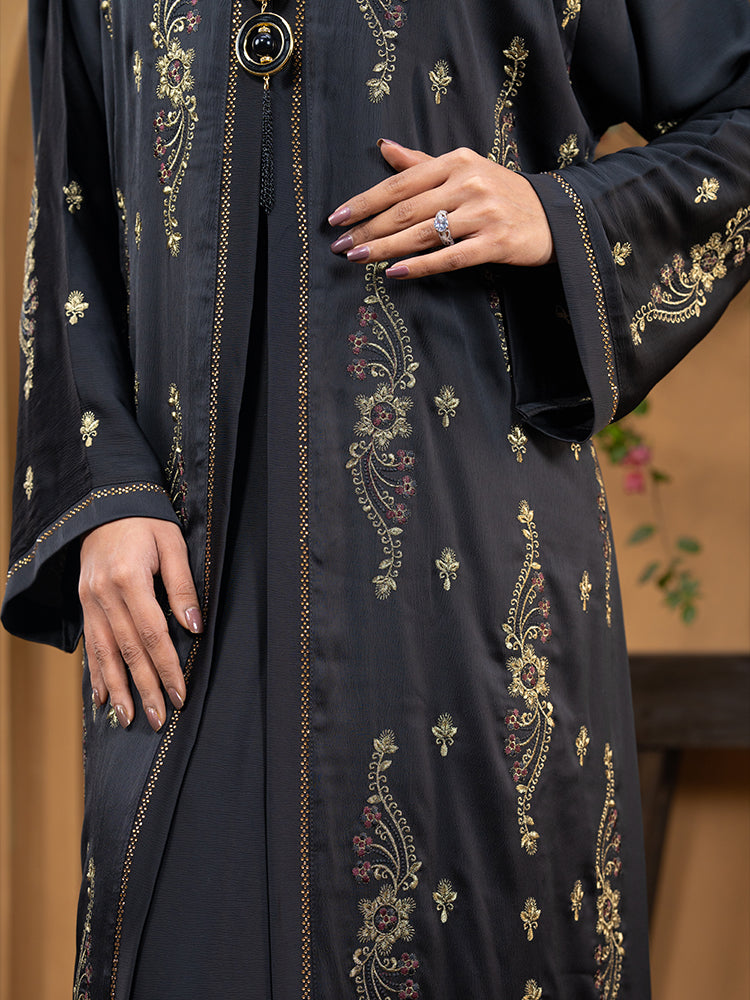 Premium Jafran Fabric Embroidery Ari Work & Stonework Double Part Abaya with Attached Inner & Full Coverage Hijab