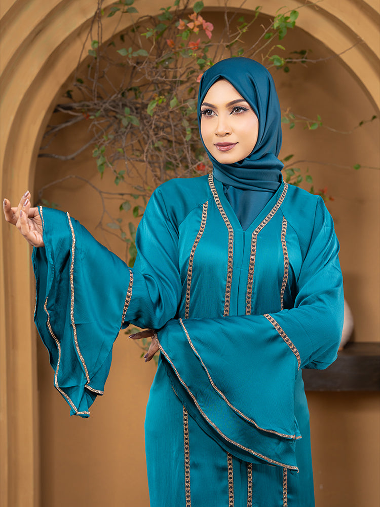 Premium Zaffran Fabric Full Body Stone Lace Work Abaya with Matching Hijab