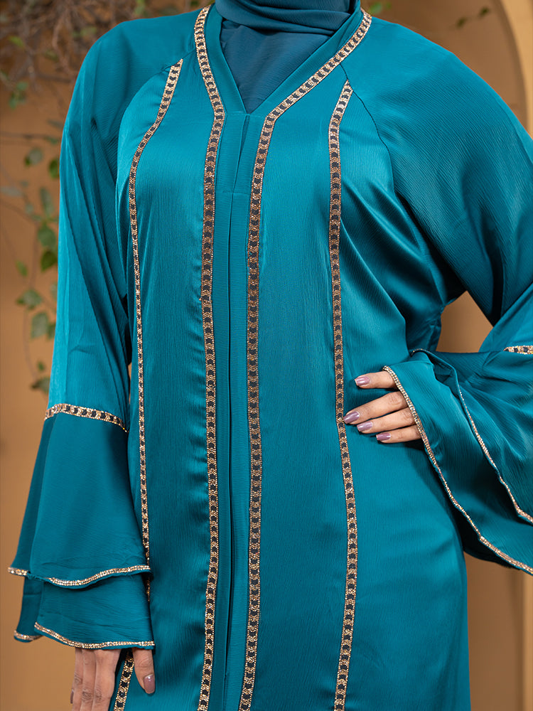 Premium Zaffran Fabric Full Body Stone Lace Work Abaya with Matching Hijab