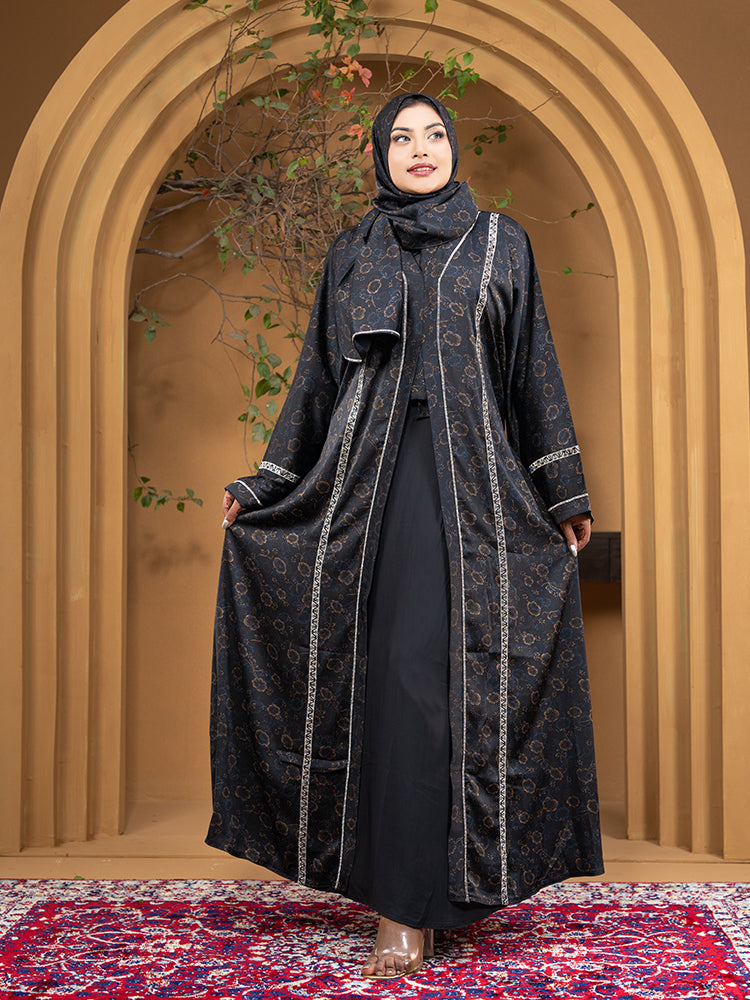 Premium Printed Zafran Fabric Double Part Borka with Attached Inner & Matching Hijab