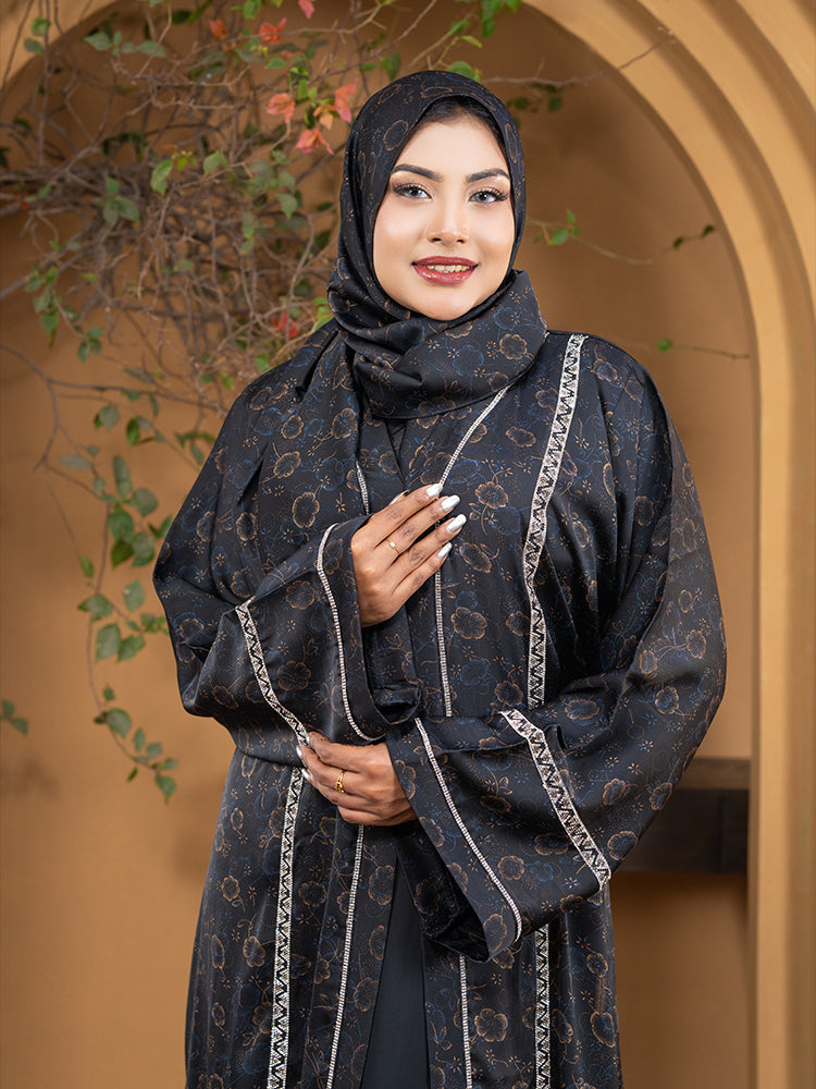 Premium Printed Zafran Fabric Double Part Borka with Attached Inner & Matching Hijab