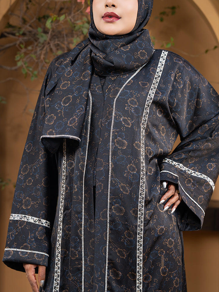 Premium Printed Zafran Fabric Double Part Borka with Attached Inner & Matching Hijab