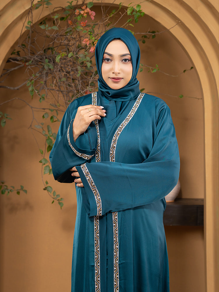 Premium Jafran Fabric Stone Lace Work Abaya with Matching Hijab