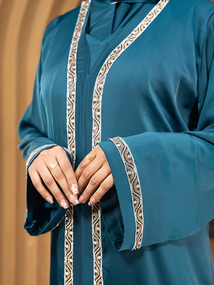 Premium Jafran Fabric Stone Lace Work Abaya with Matching Hijab