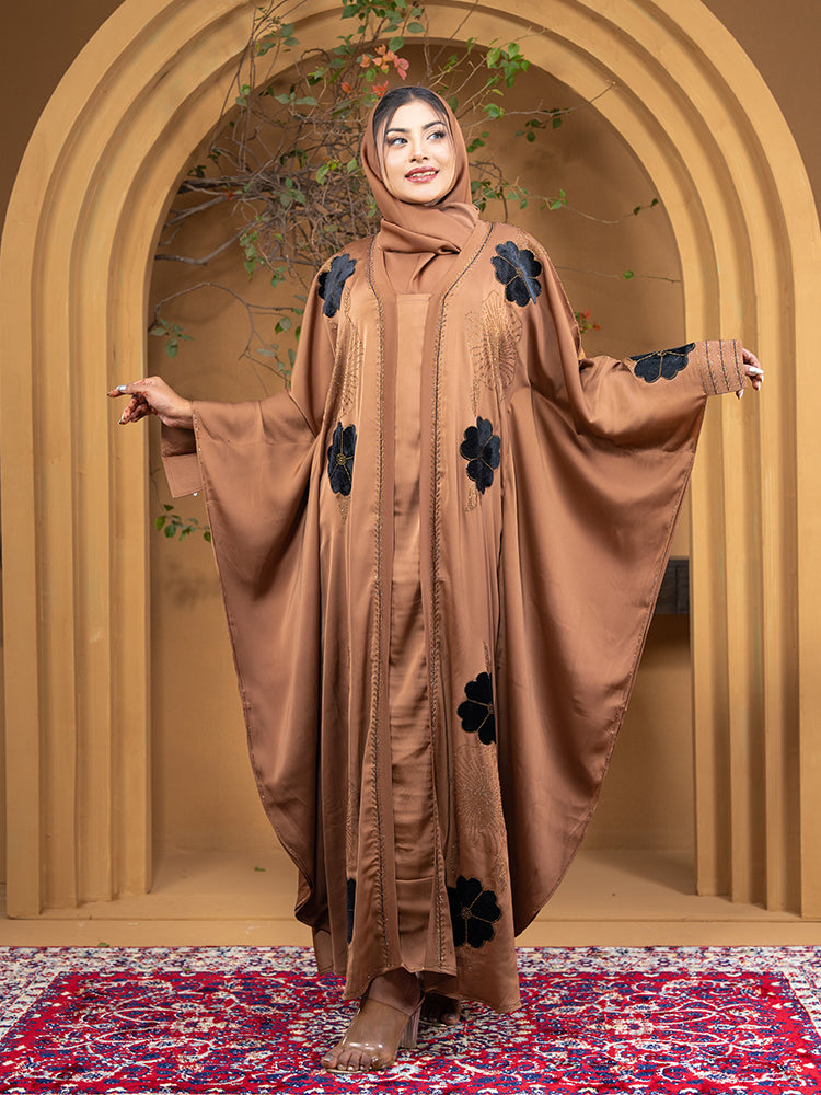 Premium Zaffron Fabric Velvet Flower Stonework Abaya with Matching Free Hijab