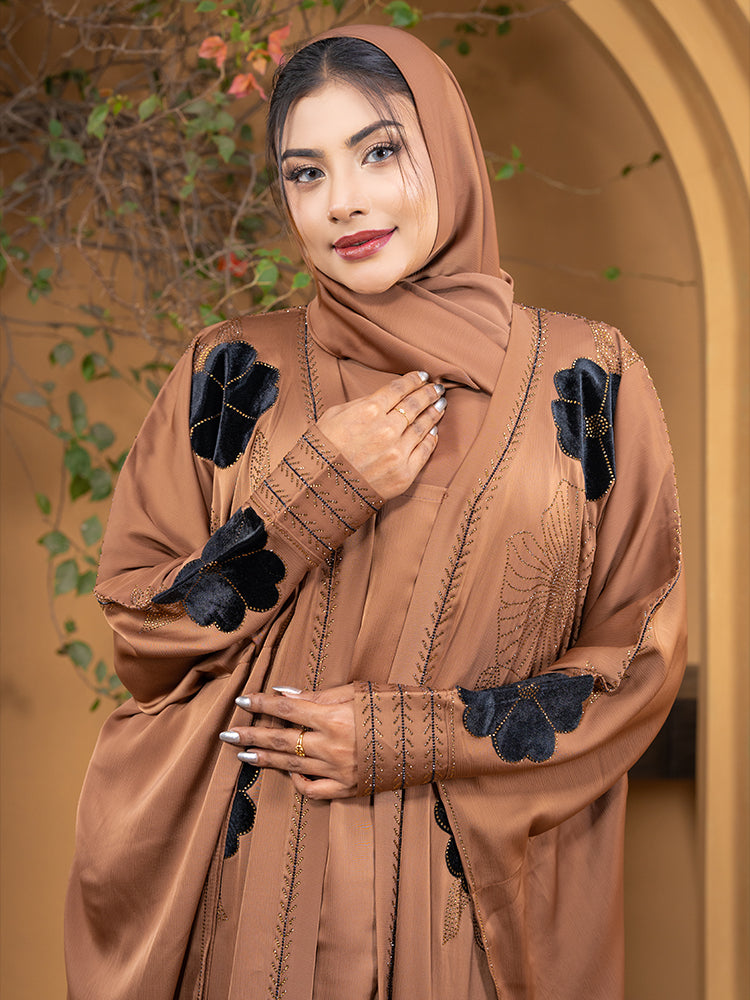 Premium Zaffron Fabric Velvet Flower Stonework Abaya with Matching Free Hijab