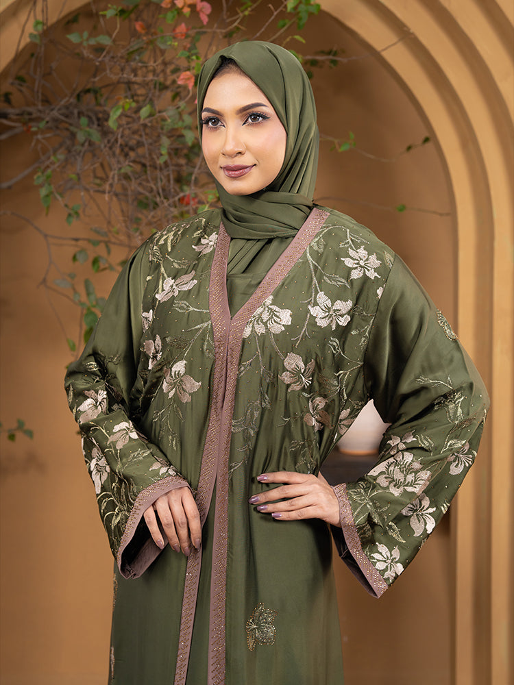 Premium Broston Fabric All Over Embroidery & Stonework Double Part Borka with Hijab