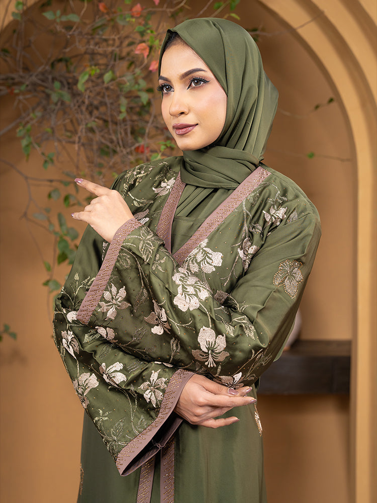 Premium Broston Fabric All Over Embroidery & Stonework Double Part Borka with Hijab