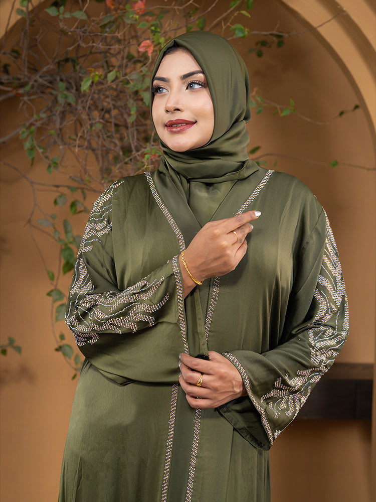 Premium Zafra Fabric All Over Stonework One Part Borka with Free Hijab