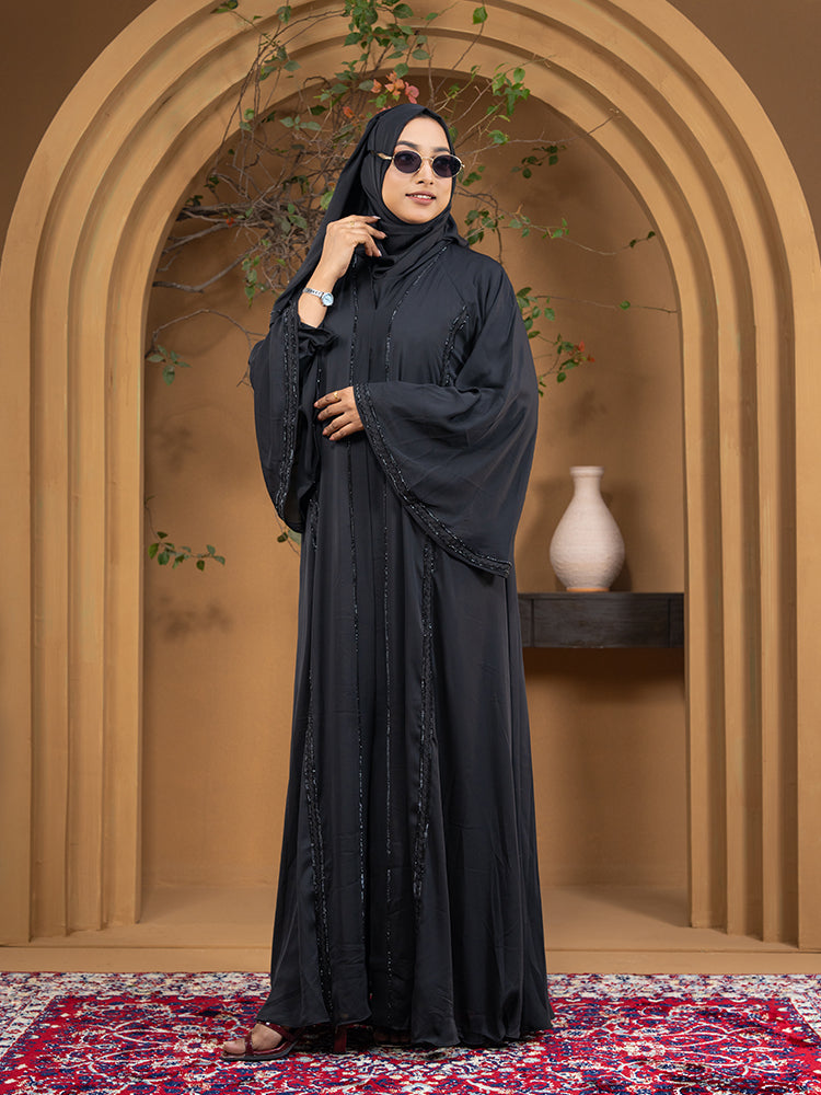 Premium Cherry Fabric Full Body Stone Lace Work Gown Type Abaya with Free Hijab