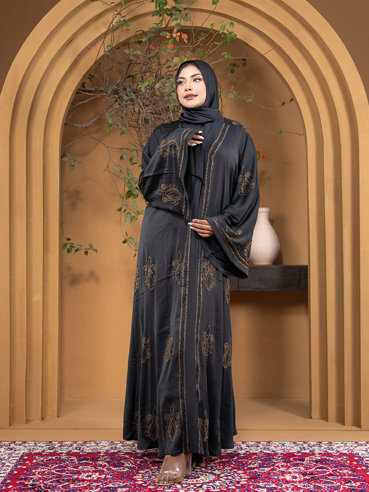 Zaffron Fabric All Over Stonework One Part Borka with Free Hijab - Elegant Collection