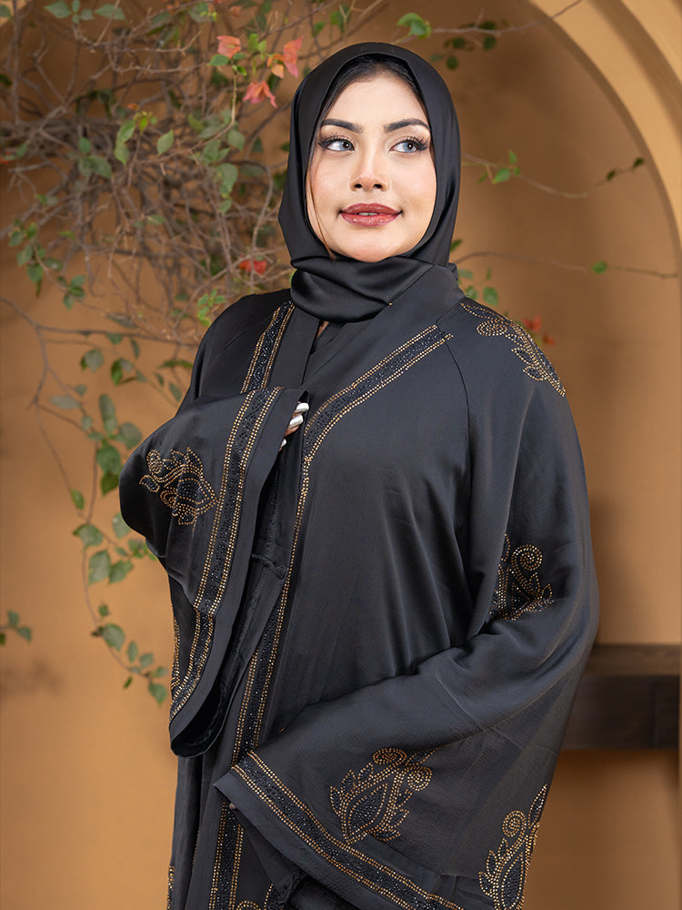 Zaffron Fabric All Over Stonework One Part Borka with Free Hijab - Elegant Collection