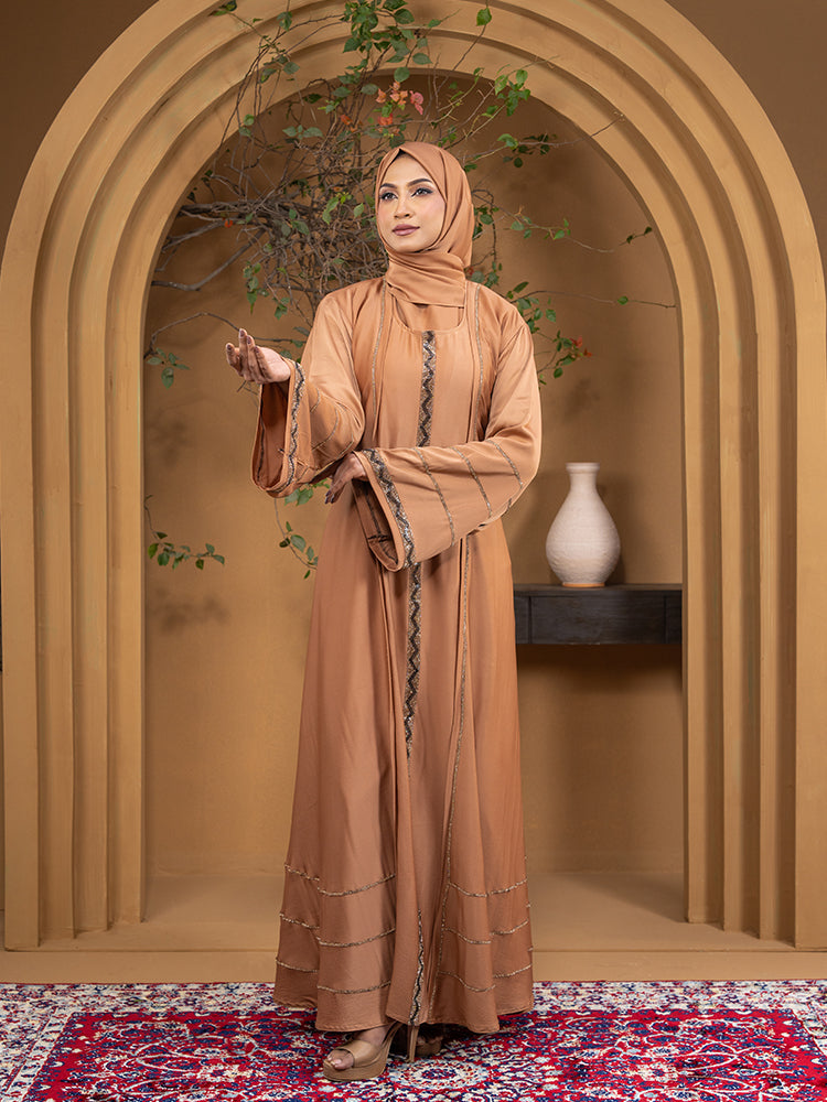 Zaffron Fabric Stone Lacework Abaya with Free Hijab - Elegant Collection