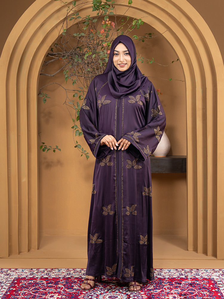 Zaffron Fabric All Over Stonework One Part Borka with Free Hijab - Elegant Collection