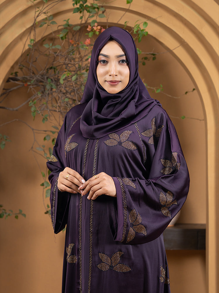 Zaffron Fabric All Over Stonework One Part Borka with Free Hijab - Elegant Collection