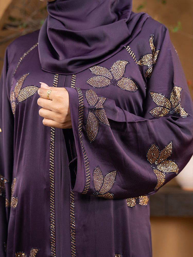 Zaffron Fabric All Over Stonework One Part Borka with Free Hijab - Elegant Collection