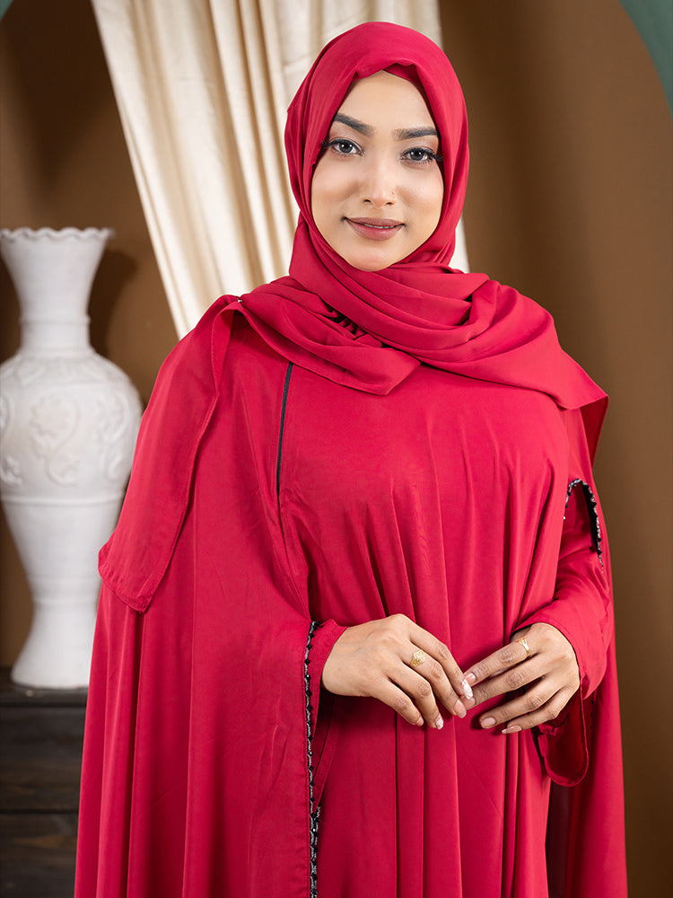 Original Cherry Fabric Simple Stone Lace Work Double Part Abaya with Inner & Free Hijab - Elegant Collection