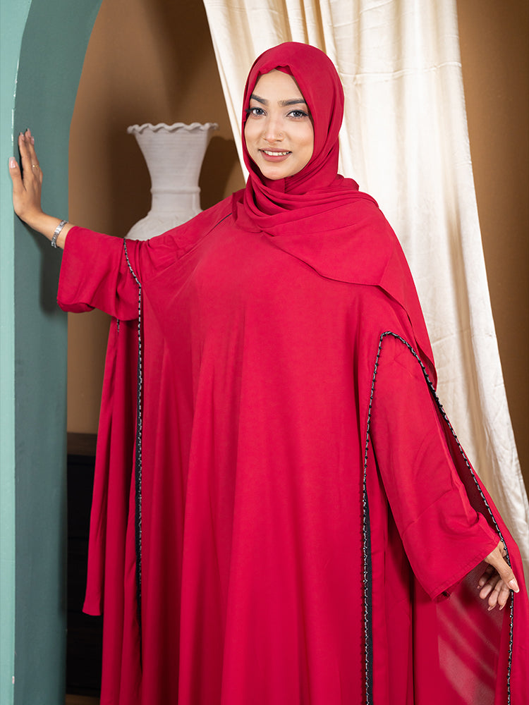 Original Cherry Fabric Simple Stone Lace Work Double Part Abaya with Inner & Free Hijab - Elegant Collection