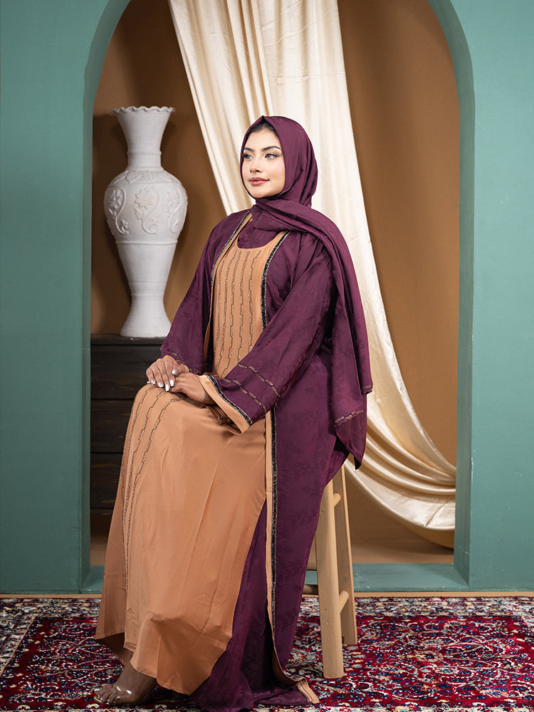 Printed Saffron Fabric Stonework Abaya with Free Hijab - Elegant Modest Collection