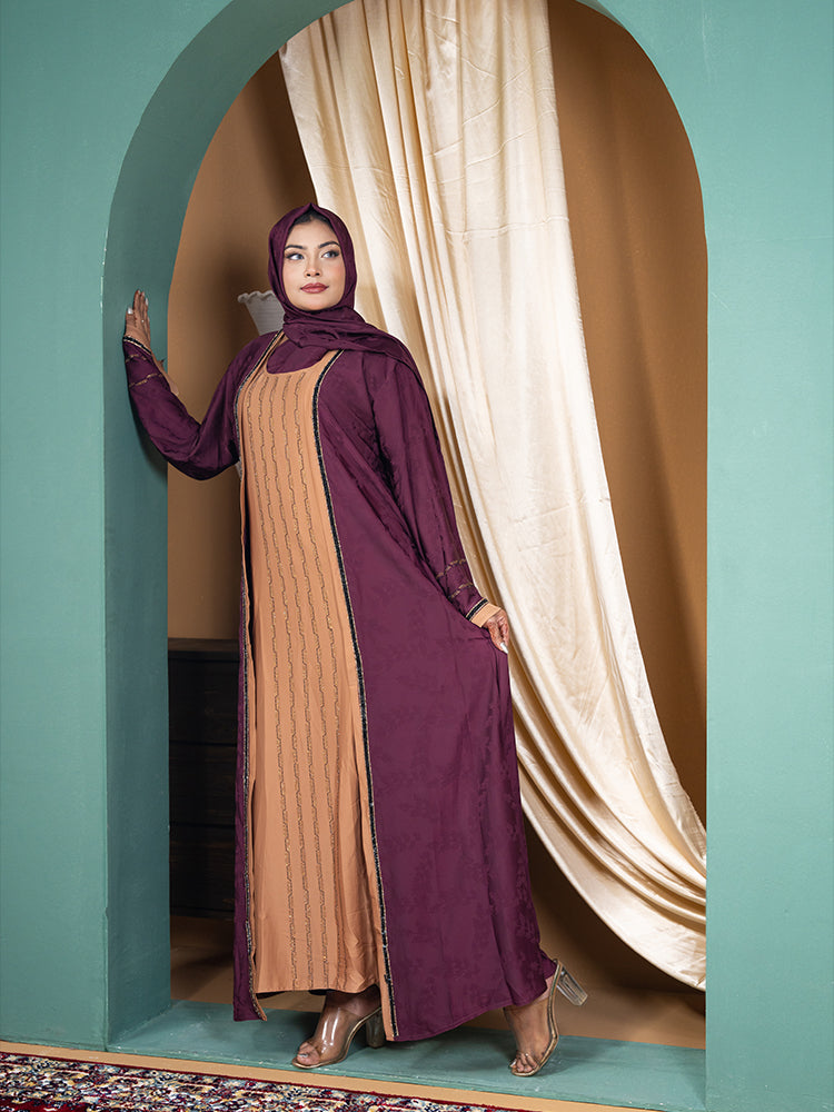Printed Saffron Fabric Stonework Abaya with Free Hijab - Elegant Modest Collection