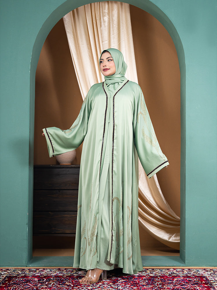 All-Over Stonework Double Part Abaya with Extra Koti & Free Hijab - Elegant Modest Collection