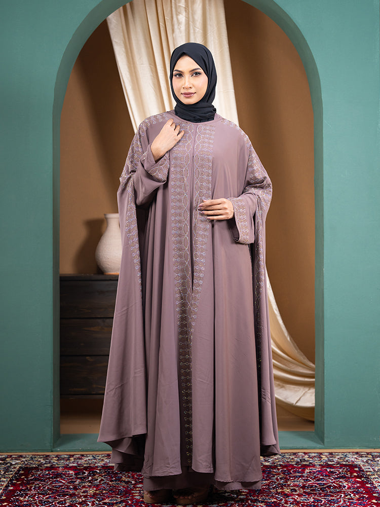 Cherry Fabric All-Over Stonework Double Abaya Set with Inner & Matching Hijab - Elegant Modest Collection