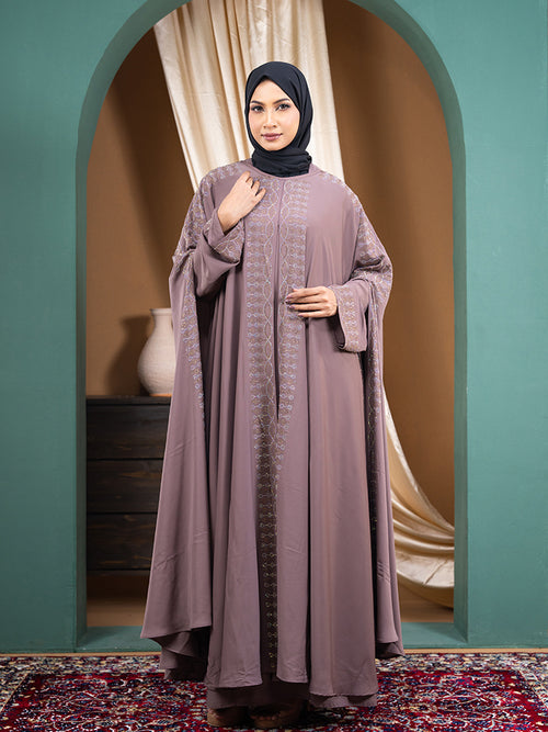Cherry Fabric All-Over Stonework Double Abaya Set with Inner & Matching Hijab - Elegant Modest Collection