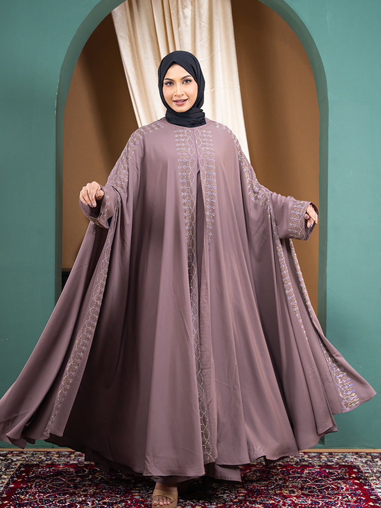 Cherry Fabric All-Over Stonework Double Abaya Set with Inner & Matching Hijab - Elegant Modest Collection