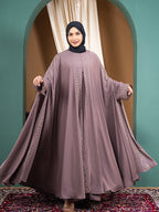 Cherry Fabric All-Over Stonework Double Abaya Set with Inner & Matching Hijab - Elegant Modest Collection