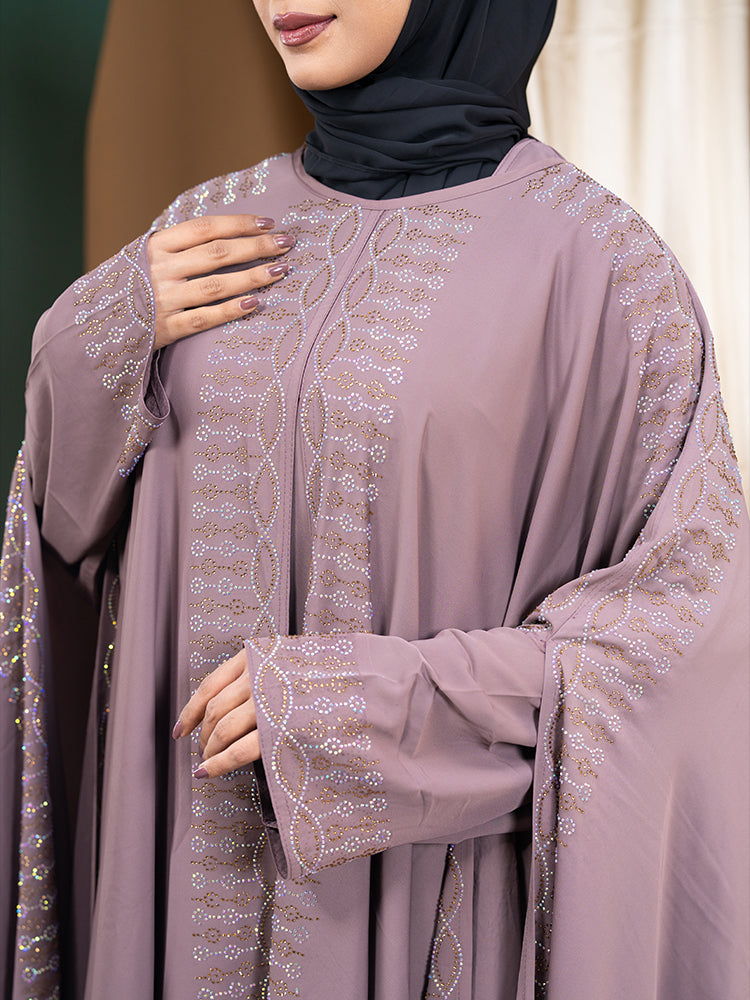 Cherry Fabric All-Over Stonework Double Abaya Set with Inner & Matching Hijab - Elegant Modest Collection
