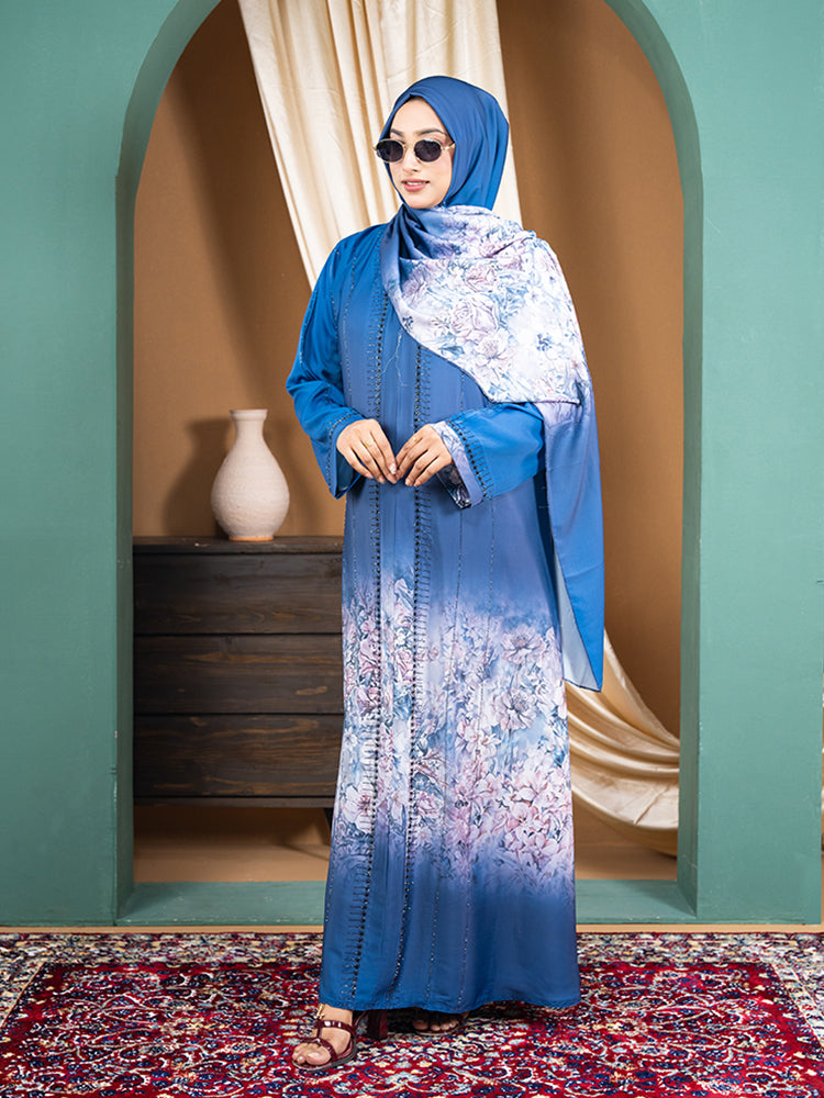 Original Printed Zaffron Fabric Stonework Abaya with Printed Scarf - Elegant Modest Collection