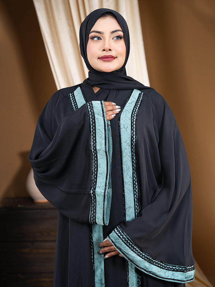 Original Cherry Fabric Simple Lace & Stonework Abaya with Free Hijab - Elegant Regular Wear