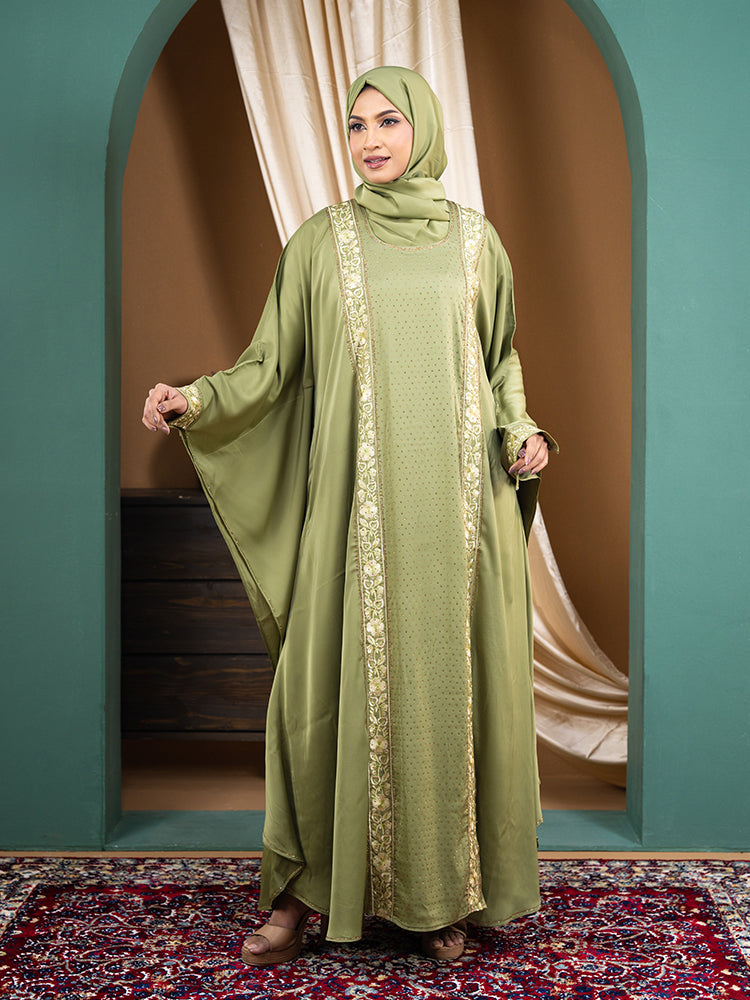 Zaffron Fabric Embroidery & Stonework Semi-Gorgeous Abaya with Free Hijab - Elegant Modest Wear