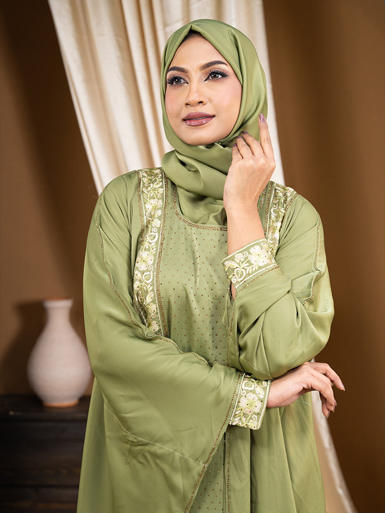 Zaffron Fabric Embroidery & Stonework Semi-Gorgeous Abaya with Free Hijab - Elegant Modest Wear