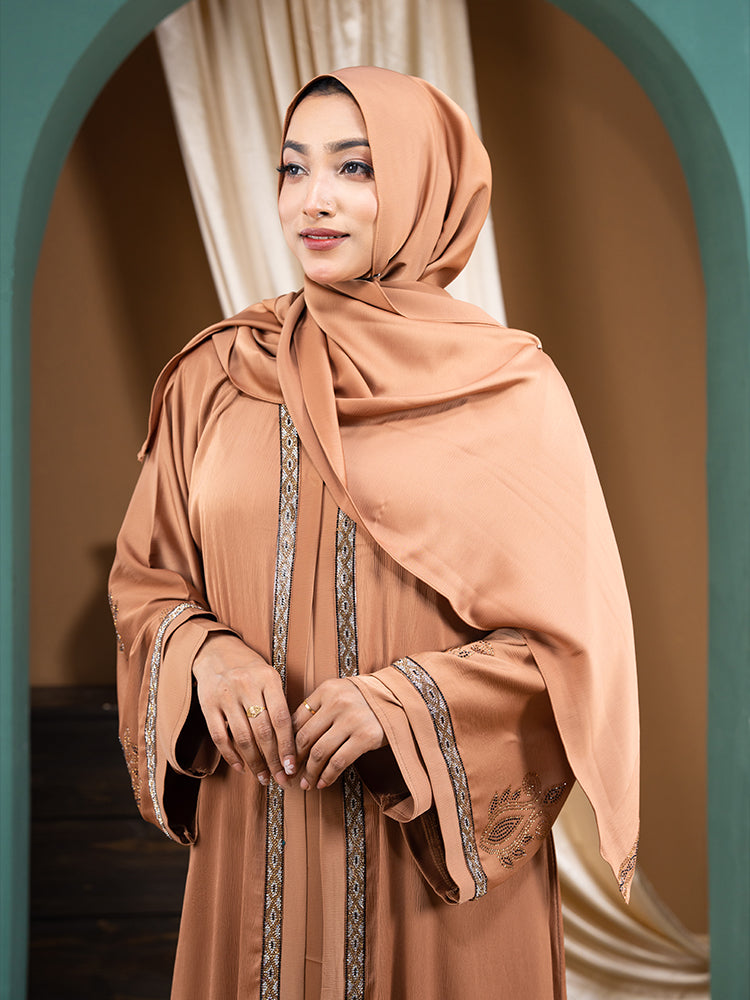 Zaffron Fabric Karchupi Lace Work & Stonework Abaya with Free Hijab - Elegant Modest Collection