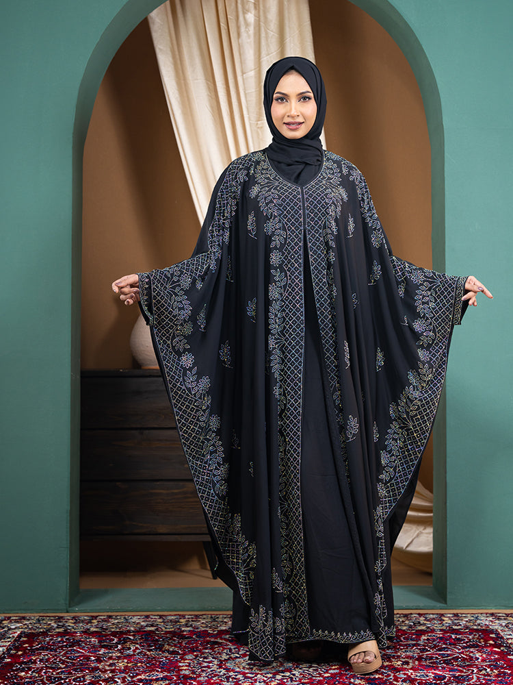 Original Cherry Fabric Full Stonework Double Gown Abaya Set with Inner & Free Hijab - Luxury Collection