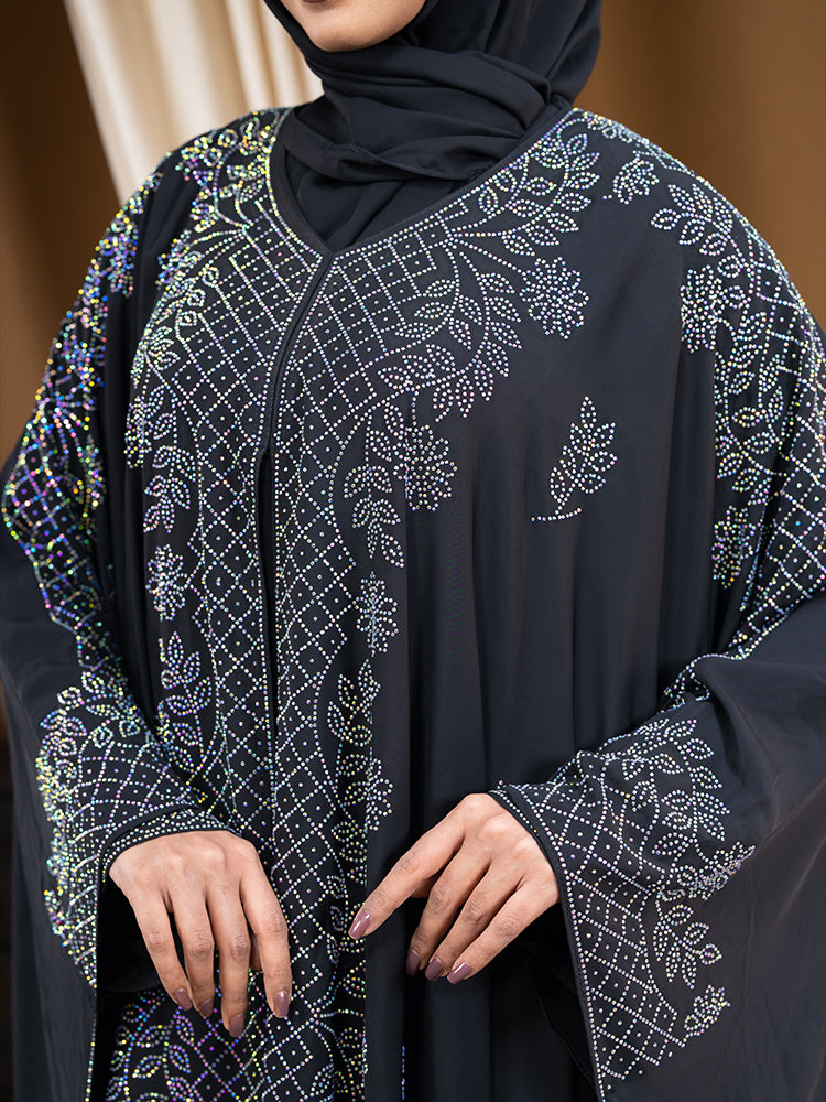 Original Cherry Fabric Full Stonework Double Gown Abaya Set with Inner & Free Hijab - Luxury Collection