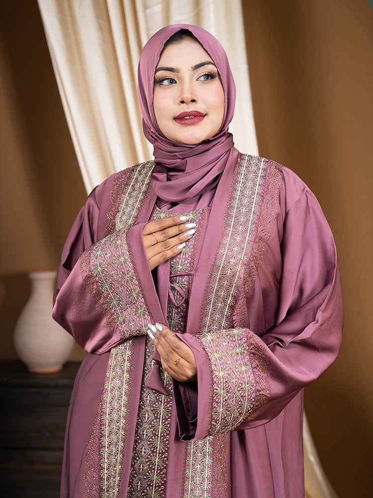 Bruceton Fabric Embroidered Double Part Abaya Set with Inner & Free Hijab - Luxury Modest Collection