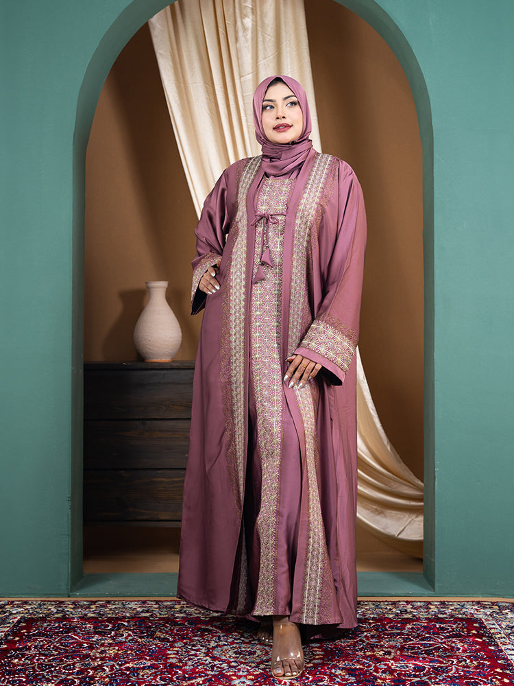 Bruceton Fabric Embroidered Double Part Abaya Set with Inner & Free Hijab - Luxury Modest Collection