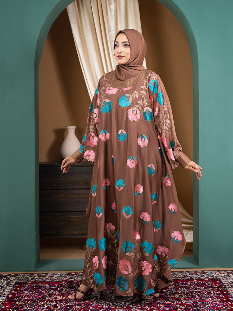 Gorgeous Abaya – Zaffron Fabric with Embroidery & Stonework (Free Hijab)