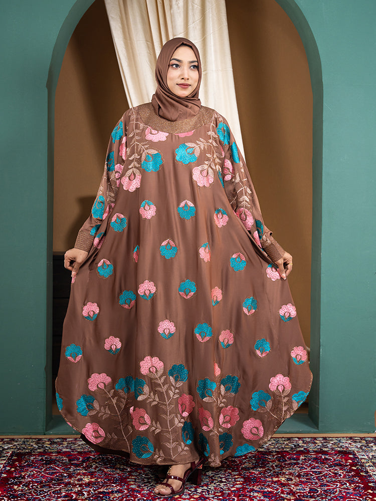 Gorgeous Abaya – Zaffron Fabric with Embroidery & Stonework (Free Hijab)