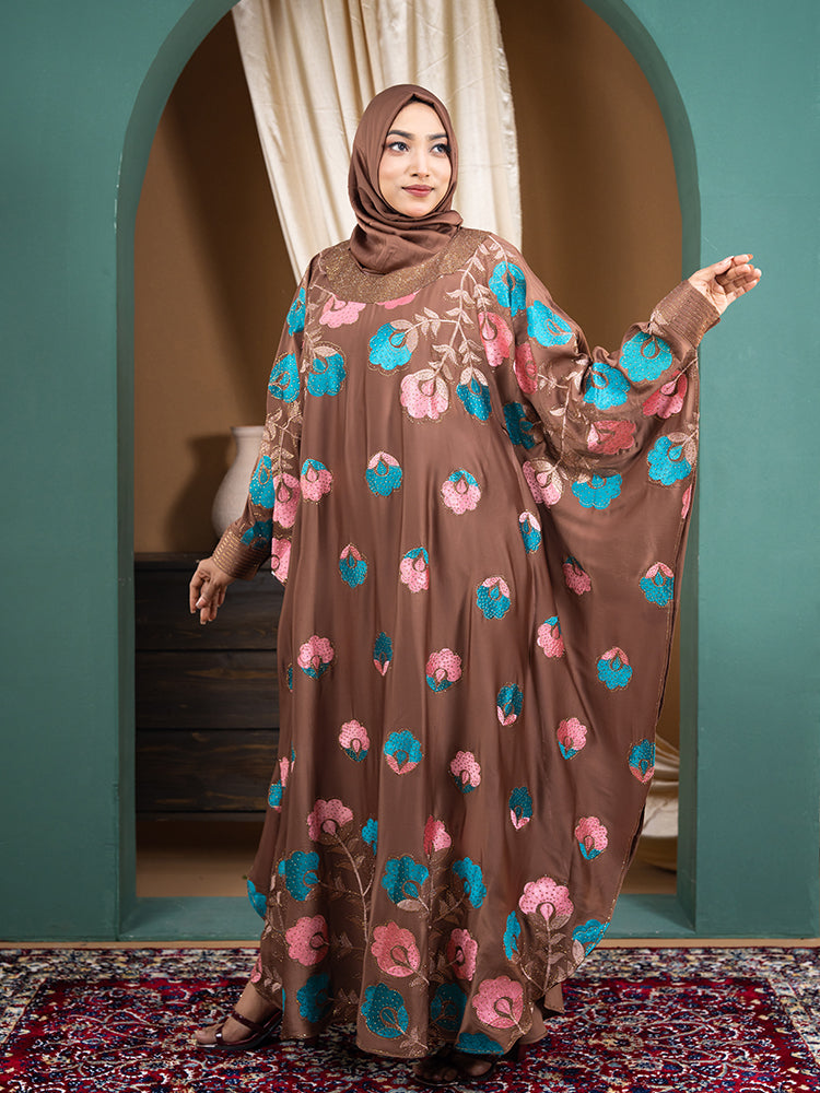Gorgeous Abaya – Zaffron Fabric with Embroidery & Stonework (Free Hijab)